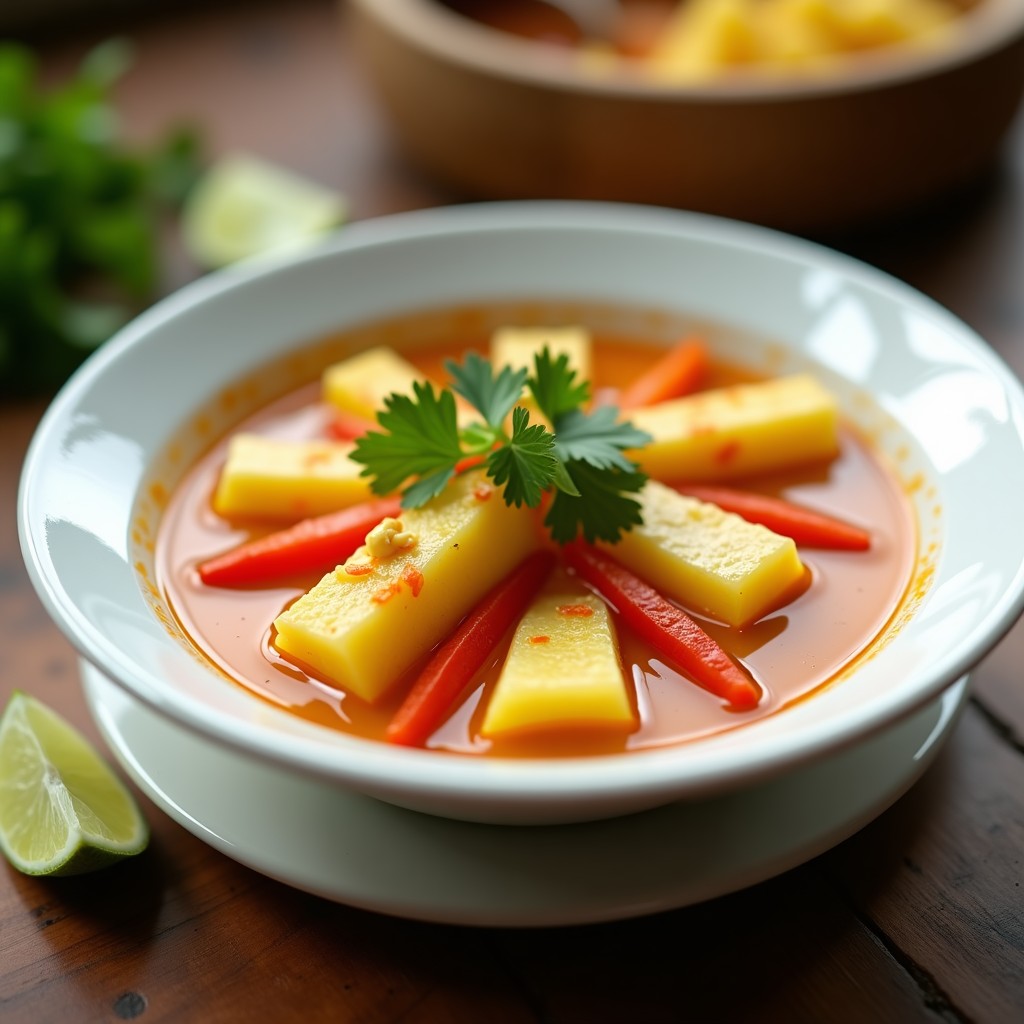 Cuenco de cerámica blanca con sopa Thai de piña y jengibre, trozos de piña dorados, cilantro fresco y rodajas de limón, servida en un plato de madera rústica.