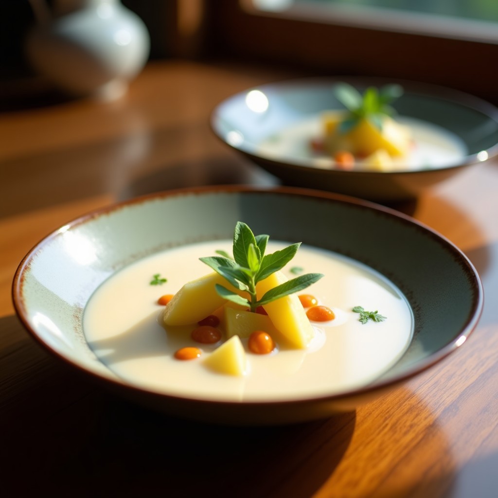Cuenco hondo de cerámica blanca con sopa tailandesa de piña y leche de coco, decorada con cilantro fresco y rodajas de chile rojo, sobre un fondo de madera rústica.