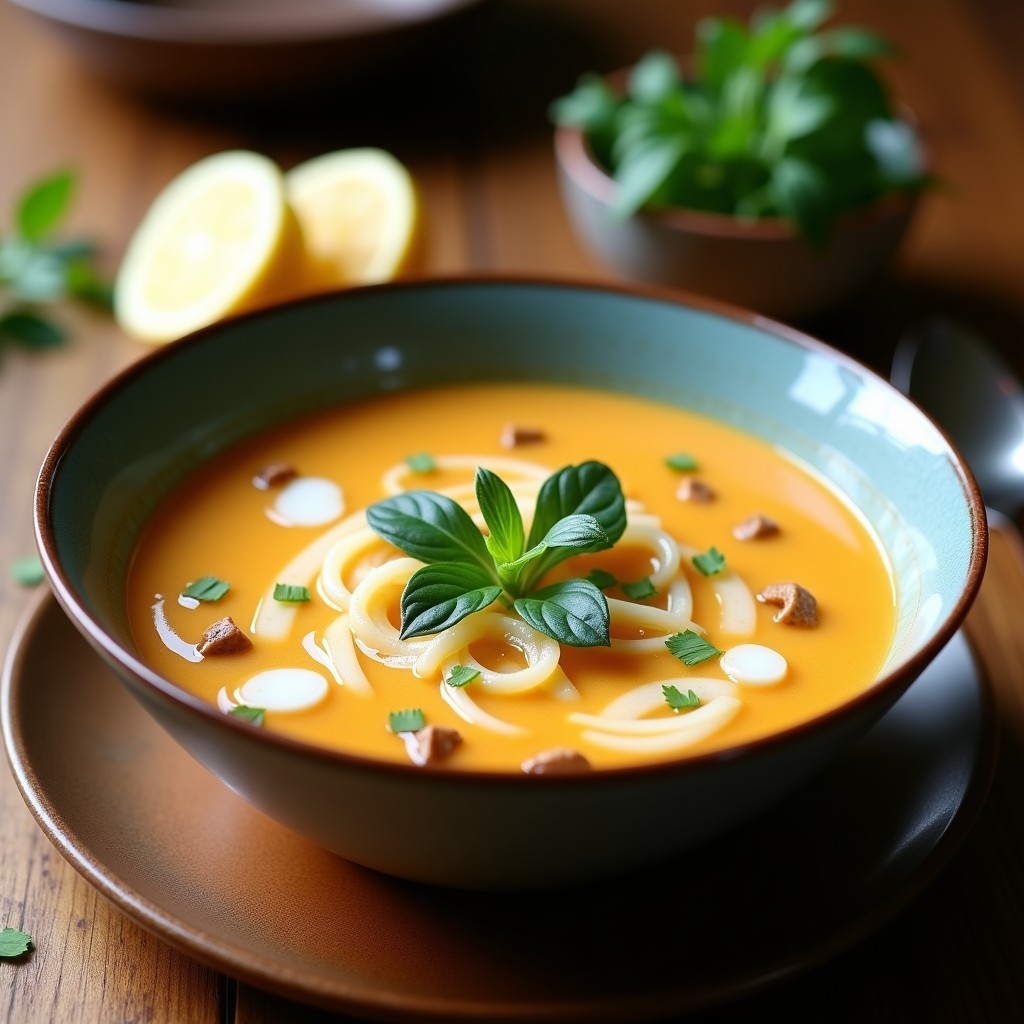 Cuenco blanco de sopa thai humeante con trozos de jengibre, champiñones shiitake y hojas de poleo, decorado con cilantro fresco y rodajas de limón.