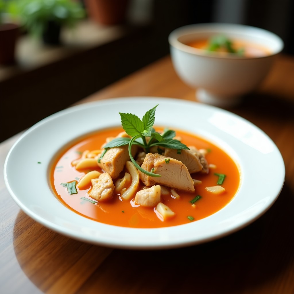 Cuenco de cerámica negra con sopa tailandesa de pollo y coco, decorada con cilantro fresco y rodajas de chile rojo, servida sobre mesa de madera rústica.