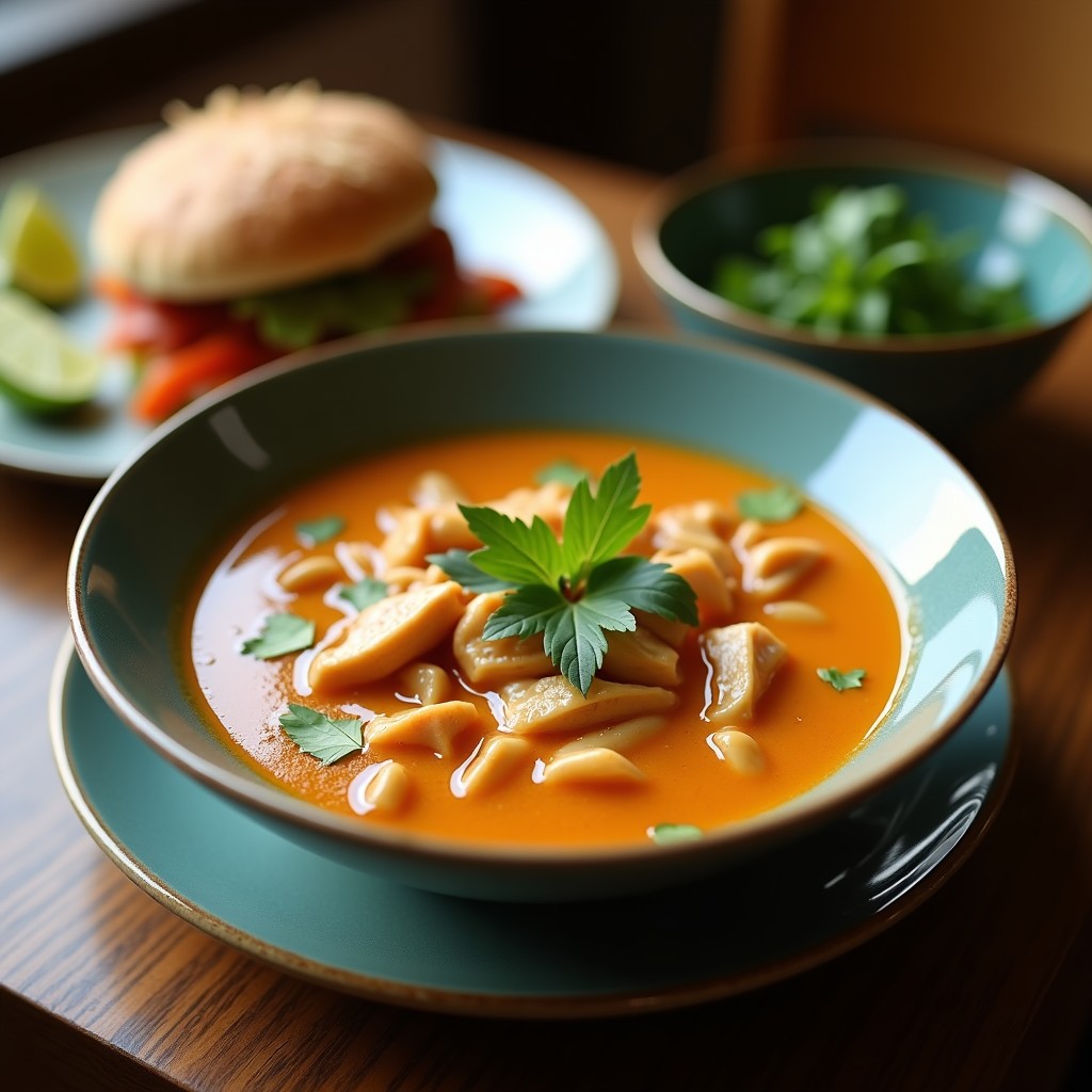 Cuenco blanco con sopa tailandesa de pollo con coco y limón, decorada con cilantro fresco y rodajas de limón, sobre fondo de madera rústica.
