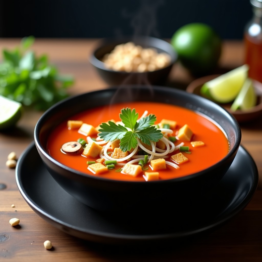 Cuenco hondo de cerámica negra con sopa thai roja vegana, tofu dorado, champiñones shiitake y cilantro fresco, decorada con cacahuetes tostados, receta airfryer.