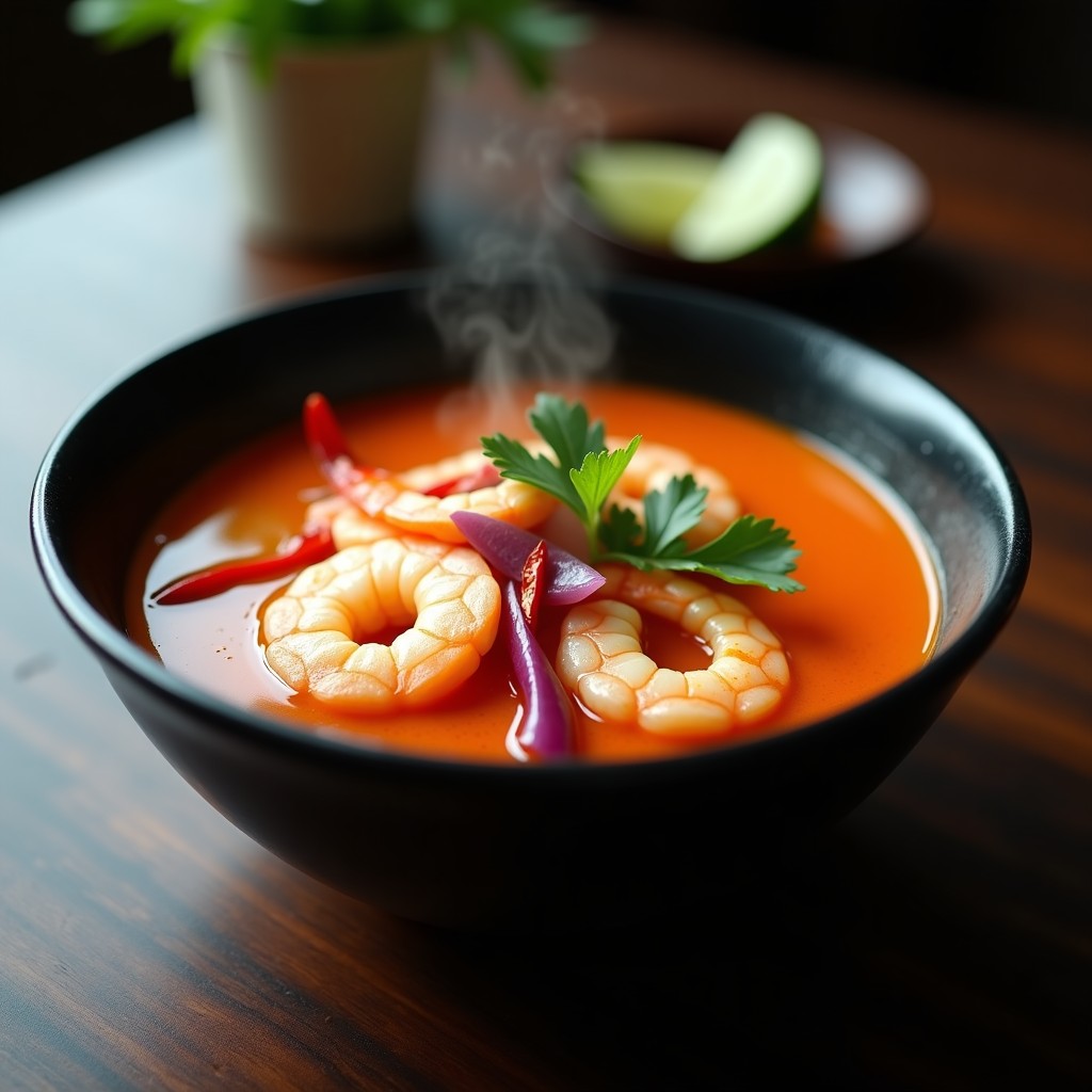 Cuenco negro profundo con sopa tailandesa de tamarindo y gambas, decorada con hojas de cilantro, rodajas de chile rojo y limón, sobre fondo de madera oscura.