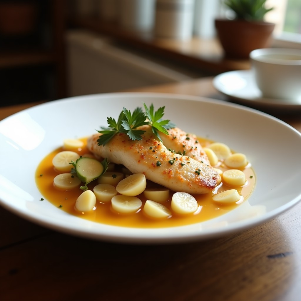 Cuenco blanco con sopa Tom Kha Gai tailandesa, cremosa y aromática, con trozos de pollo, champiñones y hierbas frescas, servida en mesa de madera rústica.