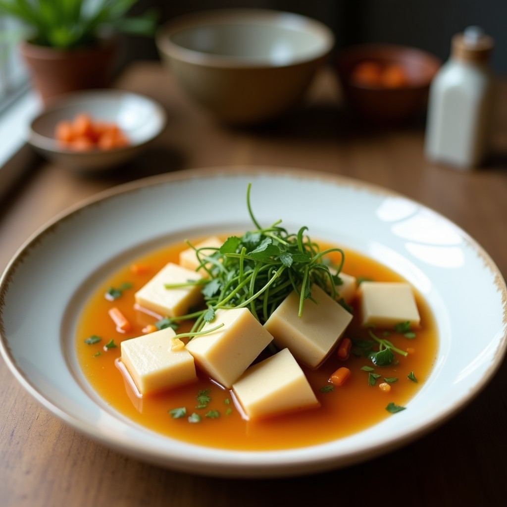 Tazón blanco de sopa Thai Tom Kha vegana con leche de coco, trozos de tofu sedoso, champiñones shiitake y hojas de cilantro fresco, servida humeante.