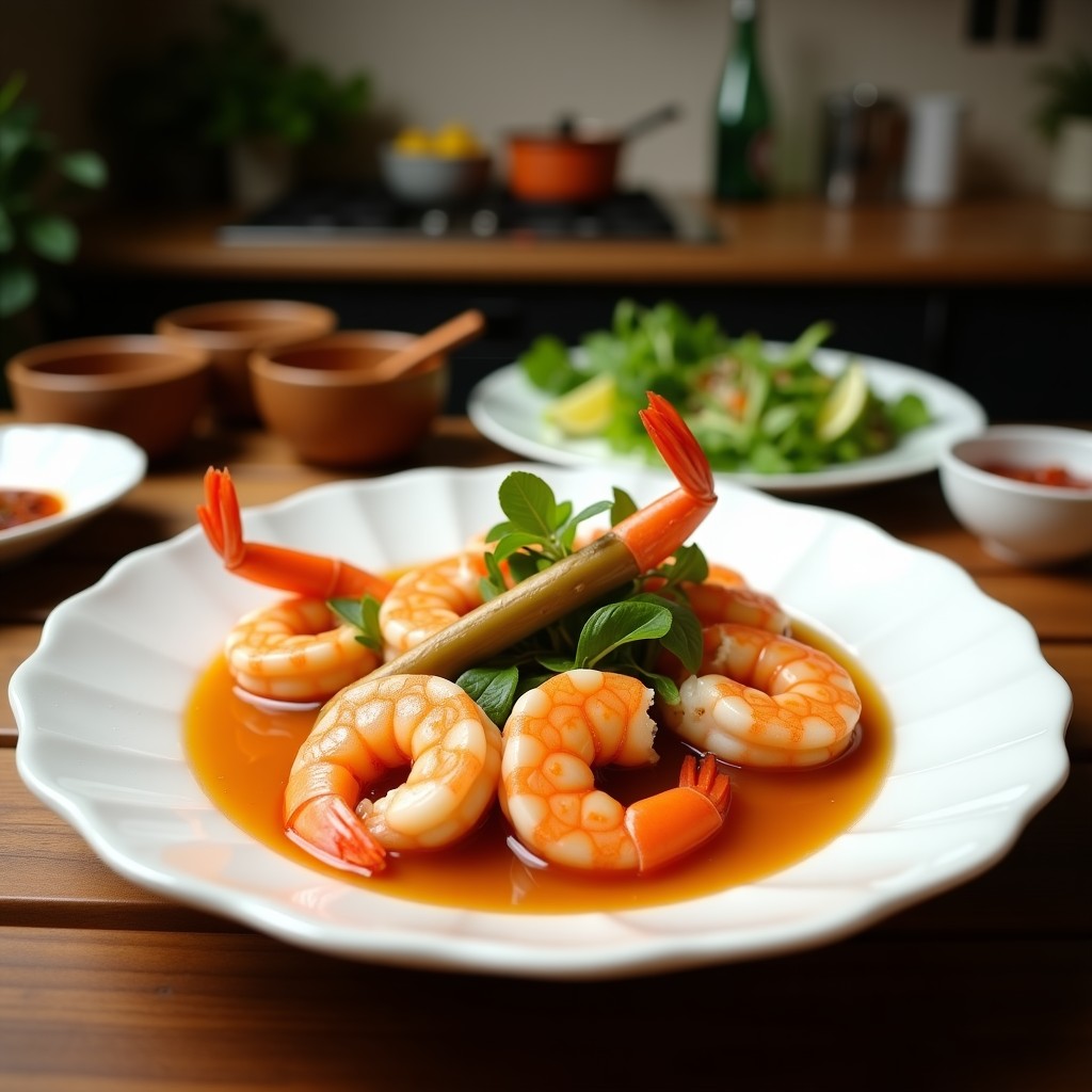 Tazón profundo de sopa Thai Tom Yum Goong con camarones, caldo transparente y especias, decorado con cilantro y rodajas de lima.