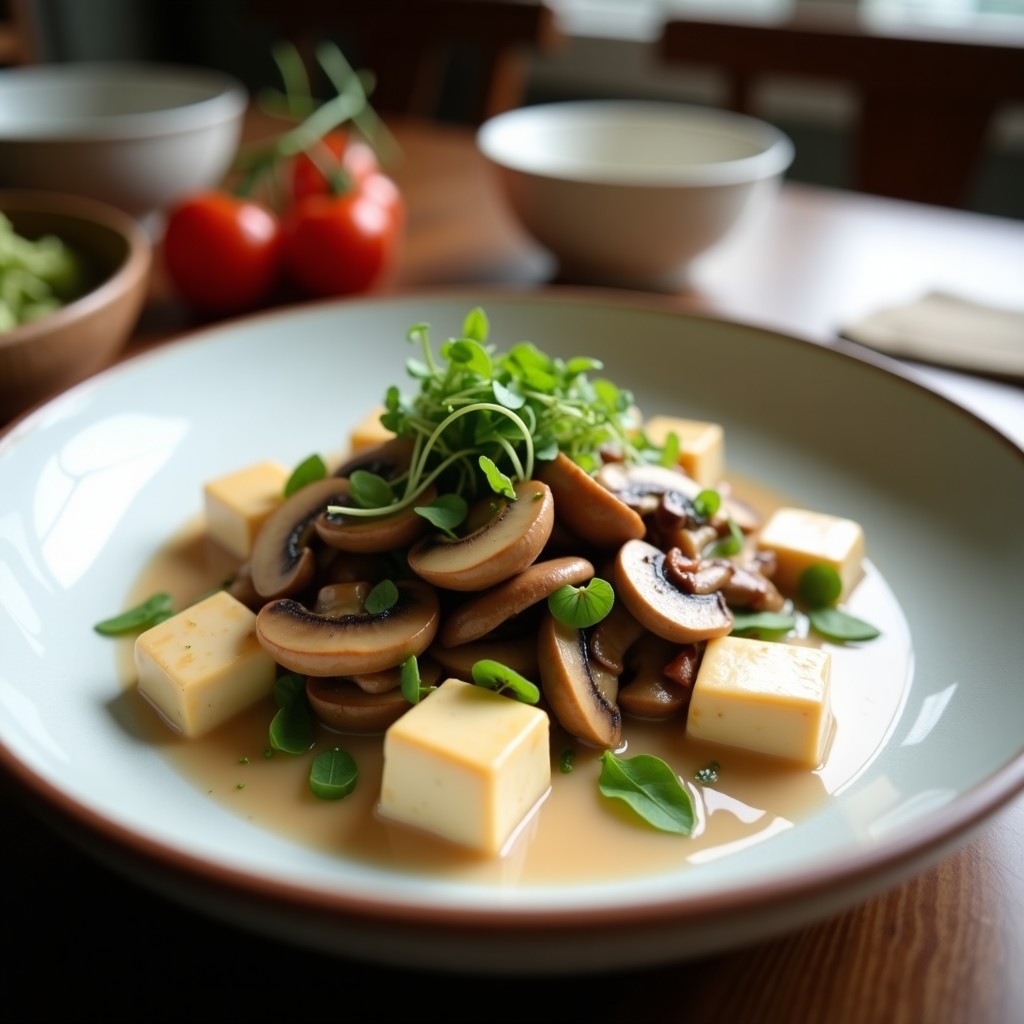 Bol de sopa Tom Yum vegana humeante con setas shiitake, tofu sedoso y hierbas frescas, servida en cuenco de cerámica negra con fondo de madera rústica.