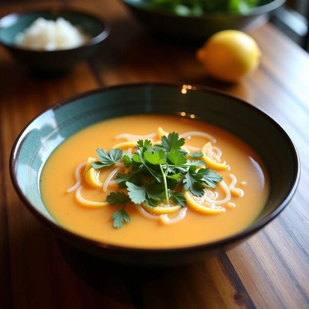 Cuenco hondo de cerámica negra con sopa thai vegana de coco y lemon grass, decorada con hojas de albahaca, rodajas de chile rojo y cilantro fresco. Fondos de leche de coco y especias tailandesas.