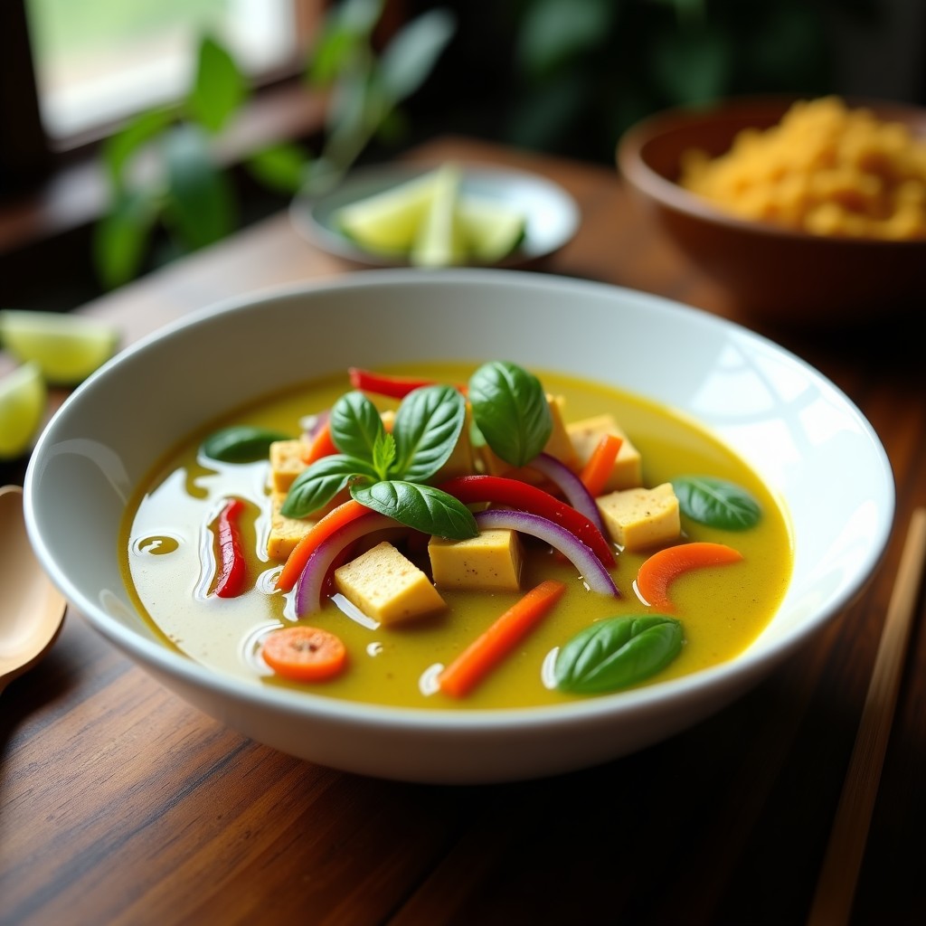 Cuenco hondo de cerámica blanca con sopa tailandesa verde curry, tofu dorado, verduras coloridas y hojas de albahaca, servida con rodajas de limón.