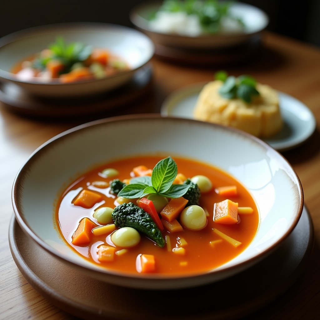 Cuenco blanco con sopa Thai de verduras y coco, decorada con cilantro fresco y rodajas de lima, servida en un plato de madera rústico.