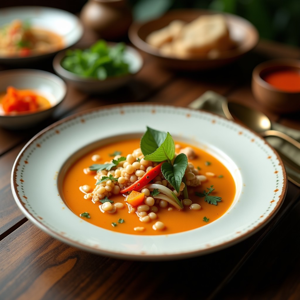 Cuenco hondo de cerámica blanca con sopa Thai de verduras y leche de coco, champiñones shiitake, pimiento rojo y cilantro fresco, servida humeante con rodajas de lima al lado.