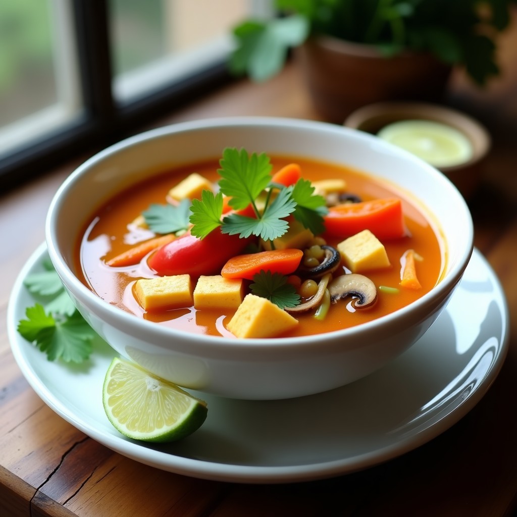 Cuenco hondo de cerámica blanca con sopa tailandesa de verduras y tofu en airfryer, rodajas de zanahoria, pimiento rojo, champiñones y tofu en trozos, bañados en un caldo cremoso de leche de coco y curry rojo, decorado con cilantro fresco y gajos de lima.