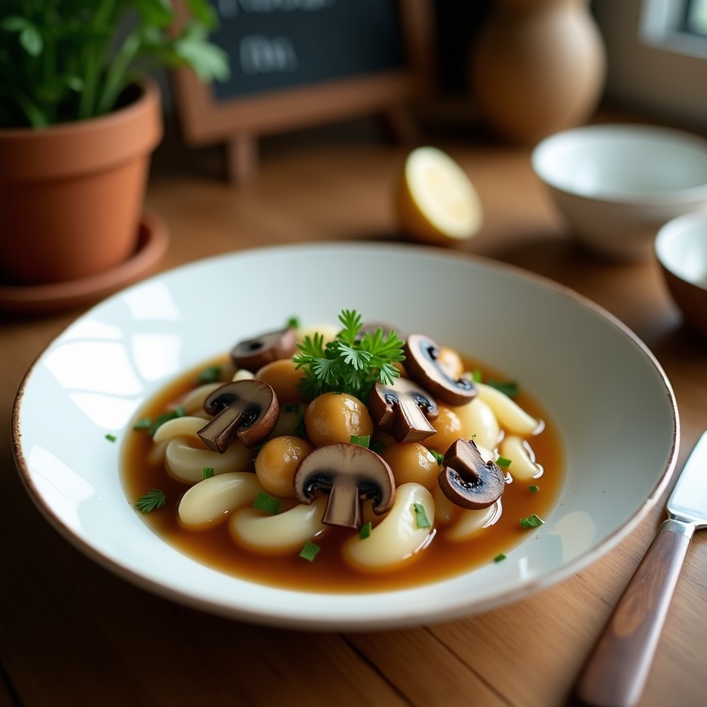 Cuenco hondo de cerámica blanca con sopa de Tom Kha vegana, cremosa y dorada, llena de láminas de champiñones portobello, rodajas de limoncillo y hojas de lima kaffir. Decorada con cebollino y cilantro fresco, sobre un fondo de madera oscura con una cucharón de madera al lado.