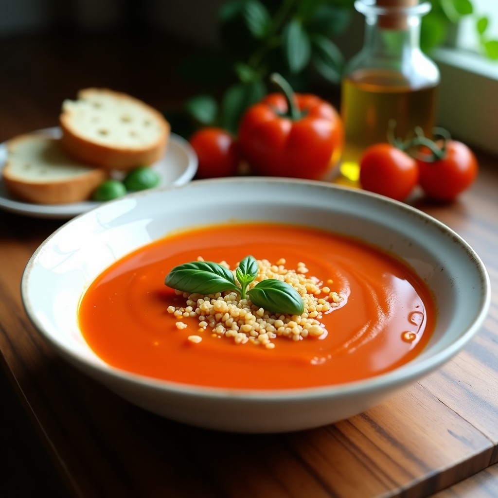 Sopa de Tomate Ahumado y Albahaca con Crujiente de Quinoa: Receta en Olla Express Vegana y Sin Lácteos