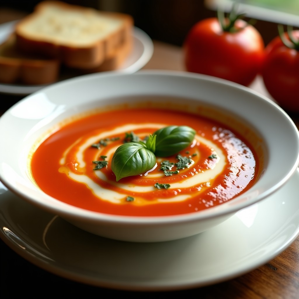 Plato hondo blanco con sopa de tomate ahumado vegana, textura cremosa y brillante, coronada con hilos de queso de anacardos, hojas de albahaca fresca y un hilo de aceite de oliva. Fondo rústico con pan tostado.