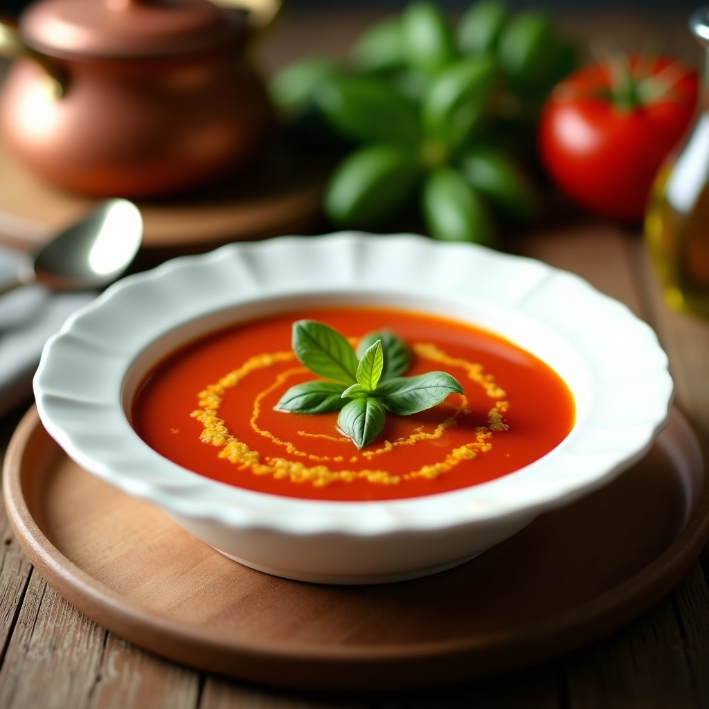 Cuenco blanco con sopa de tomate y albahaca de color rojo intenso, decorada con un hilo de aceite de oliva virgen extra brillante y hojas frescas de albahaca, sobre una mesa rústica de madera con un fondo borroso de cocina italiana.