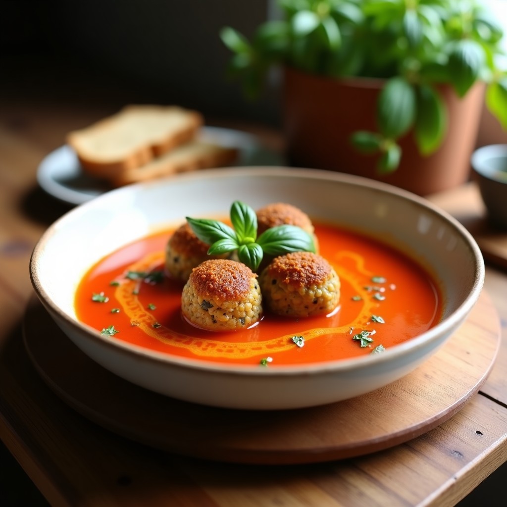 Plato hondo blanco con sopa de tomate y albahaca de color rojo intenso, albóndigas de lentejas doradas flotando, decorado con hojas de albahaca fresca y semillas de sésamo tostadas. Receta vegana de sopa de tomate y albahaca con albóndigas de lentejas en olla express.