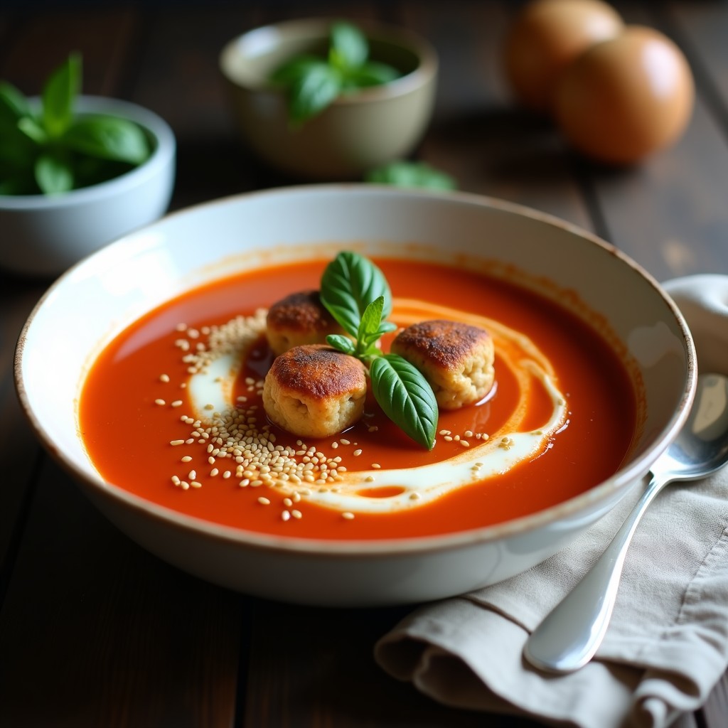 Plato hondo de cerámica blanca con sopa de tomate y albahaca cremosa, albóndigas de tofu doradas y queso de anacardos derretido, decorado con hojas de albahaca fresca y pimentón ahumado, sobre fondo rústico de madera.