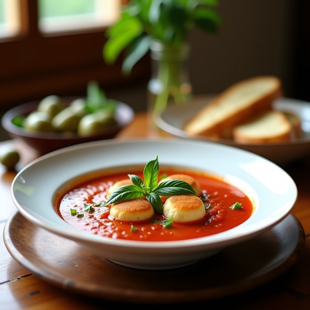 Sopa de Tomate y Albahaca con Bolas de Queso Fresco: Receta Italiana Tradicional