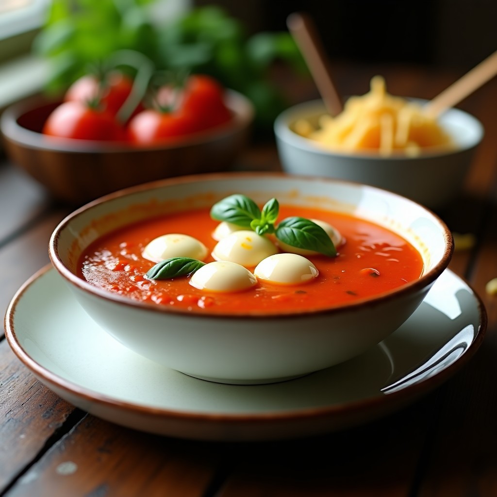Sopa de tomate y albahaca en cuenco blanco con bolitas de mozzarella vegana flotando, decorada con hojas de albahaca fresca y hilo de aceite de oliva virgen extra, receta italiana en olla rápida.