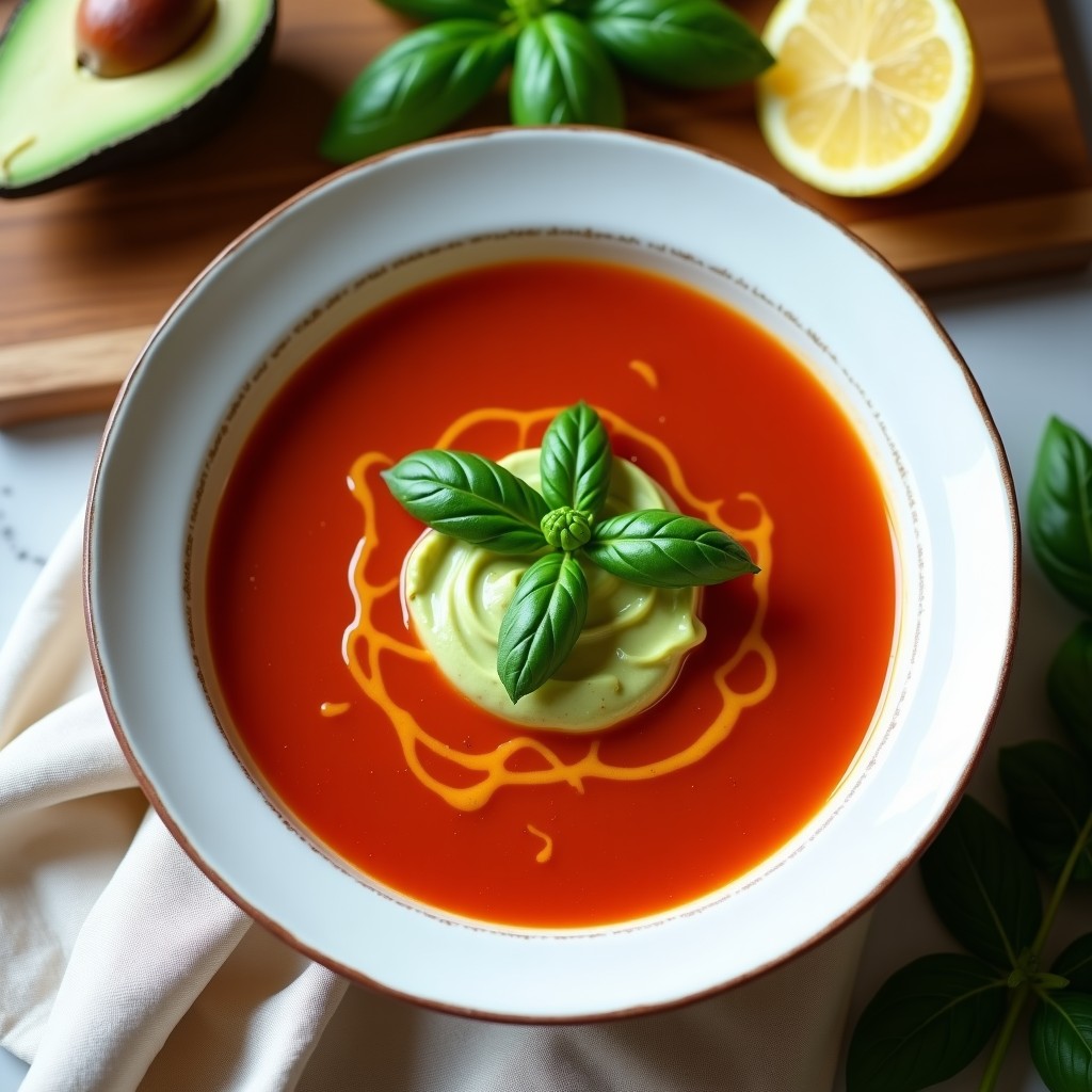 Cuenco hondo de cerámica blanca con sopa fría de tomate y albahaca de color rojo intenso, coronada con una cucharada de boltushka de aguacate cremosa verde, semillas de cáñamo tostadas y hojas de albahaca fresca. Al fondo, hielos picados y un chorrito de aceite de oliva virgen extra. Receta ucraniana vegana y refrescante.