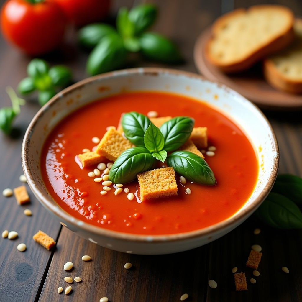 Cuenco hondo de cerámica blanca con sopa de tomate y albahaca de color rojo intenso, coronada con croutons dorados de quinoa y hojas de albahaca fresca. Fondo rústico de madera con pan de quinoa y hierbas aromáticas.