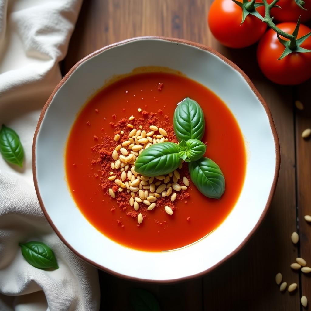 Sopa de Tomate y Albahaca con Crujiente de Semillas de Girasol: Receta Italo-Vegana