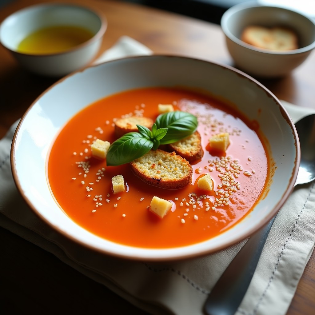 Plato hondo de cerámica blanca con sopa de tomate y albahaca cremosa, decorada con hojas frescas de albahaca y crutones dorados de pan de garbanzo espolvoreados con semillas de sésamo. Receta keto y sin lactosa.