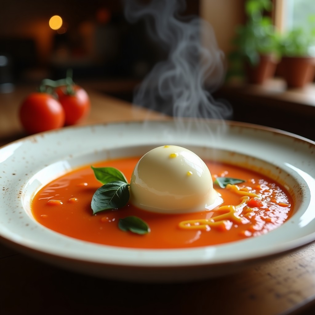Cuenco hondo de cerámica blanca con sopa de tomate y albahaca humeante, coronada por una bola de helado de cuajada cremoso. Decorado con hojas de albahaca fresca y un hilo de aceite de oliva virgen extra. Fondo borroso con texturas rústicas y luz cálida que resalta el contraste frío-caliente.