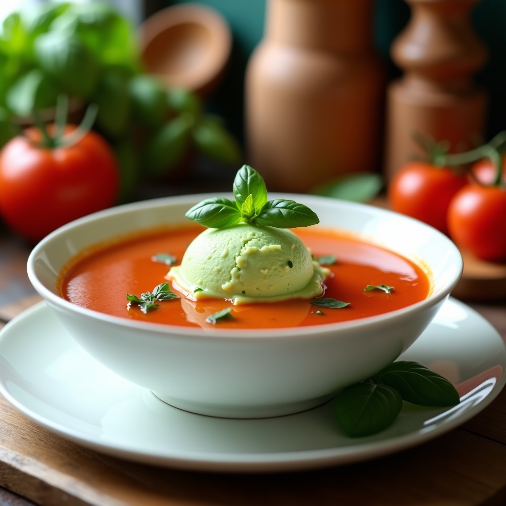 Cuenco hondo de cerámica blanca con sopa de tomate y albahaca fría de color rojo intenso, coronada por una bola de helado de albahaca verde brillante. Hojas frescas de albahaca y un hilo de aceite de oliva como decoración. Fondo borroso de cocina italiana rústica.