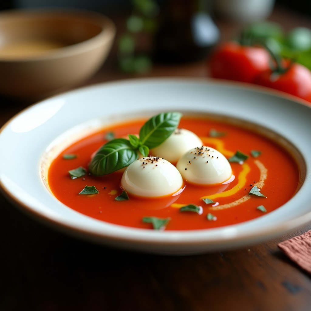 Plato hondo blanco con sopa de tomate y albahaca de color rojo intenso, coronada por tres bolas de mozzarella vegana de anacardos blancas y brillantes, decorada con hojas de albahaca fresca y un hilo de aceite de oliva virgen extra.
