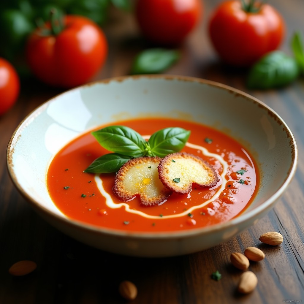 Cuenco blanco hondo con sopa de tomate y albahaca de color rojo intenso, coronada con crujientes dorados de queso parmesano vegano en forma de láminas finas y hojas de albahaca fresca. Fondo rústico de madera con un hilo de aceite de oliva y semillas de piñón tostadas. Receta italiana vegana en olla express.
