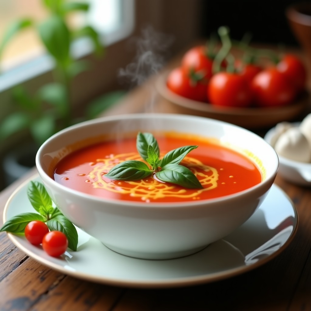 Cuenco blanco con sopa de tomate y albahaca cremosa, decorada con hojas frescas de albahaca y un hilo de aceite de oliva, sobre fondo de madera rústica.