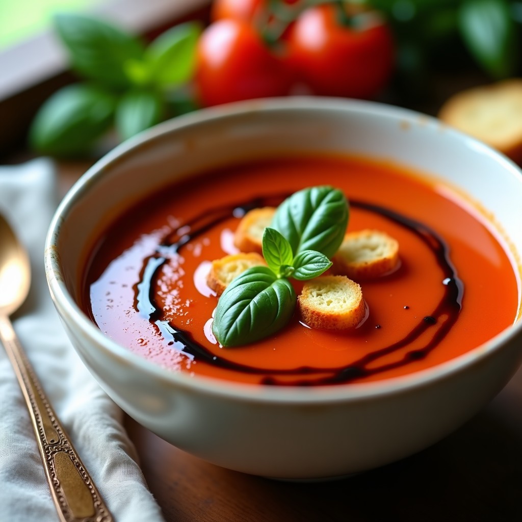 Plato hondo blanco con sopa de tomate y albahaca ultracremosa, decorada con un hilo espiral de reducido de vinagre balsámico oscuro y hojas frescas de albahaca verde. Fondo rústico con servilleta de lino y cucharón de madera.