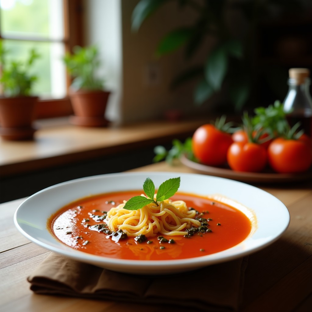 Cuenco hondo de cerámica blanca con sopa de tomate y albahaca de color rojo intenso, adornada con hojas de albahaca fresca, un hilo de aceite de oliva virgen extra y un toque de vinagre balsámico. Fondos borrosos de ingredientes como tomates asados y ramitas de albahaca.