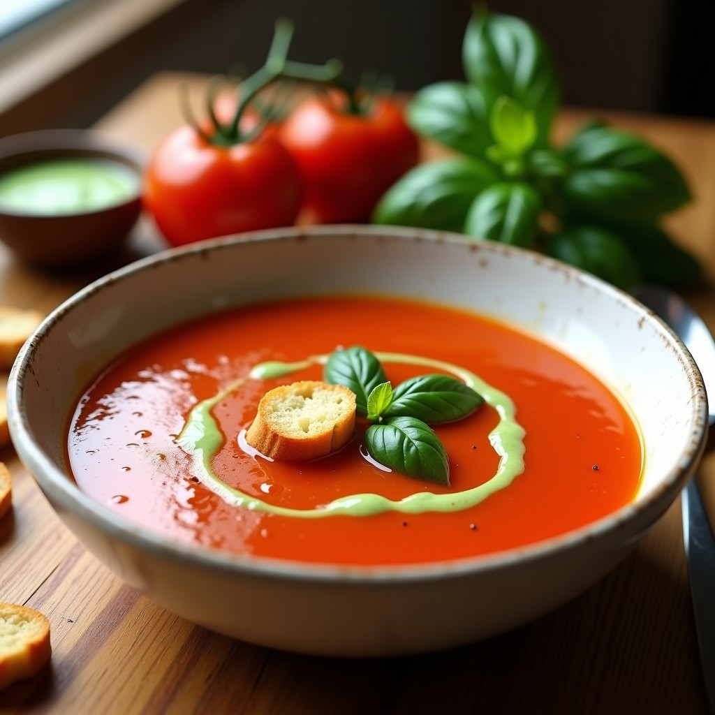 Plato hondo blanco con sopa de tomate y albahaca cremosa, decorada con hojas de albahaca fresca y un toque de pasta de wasabi verde sobre croutons dorados de pan de barra. Fondo rústico de madera con ingredientes al lado.