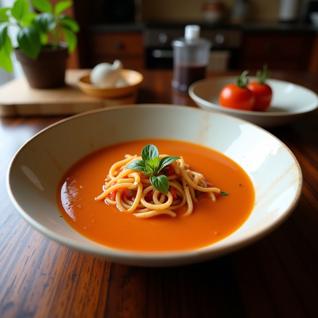 Plato hondo blanco con sopa de tomate y albahaca de color rojo intenso, decorada con tornillos de zucchini verdes en espiral y hojas de albahaca fresca. Un hilo de aceite de oliva brilla sobre la superficie cremosa.
