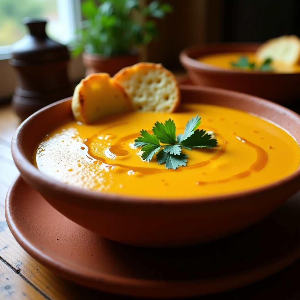 Cuenco de cerámica negra con sopa de tomate amarillo y cacahuetes vegana, decorada con cilantro fresco y cacahuetes tostados picados, sobre fondo de madera rústica con ollas de barro al fondo.