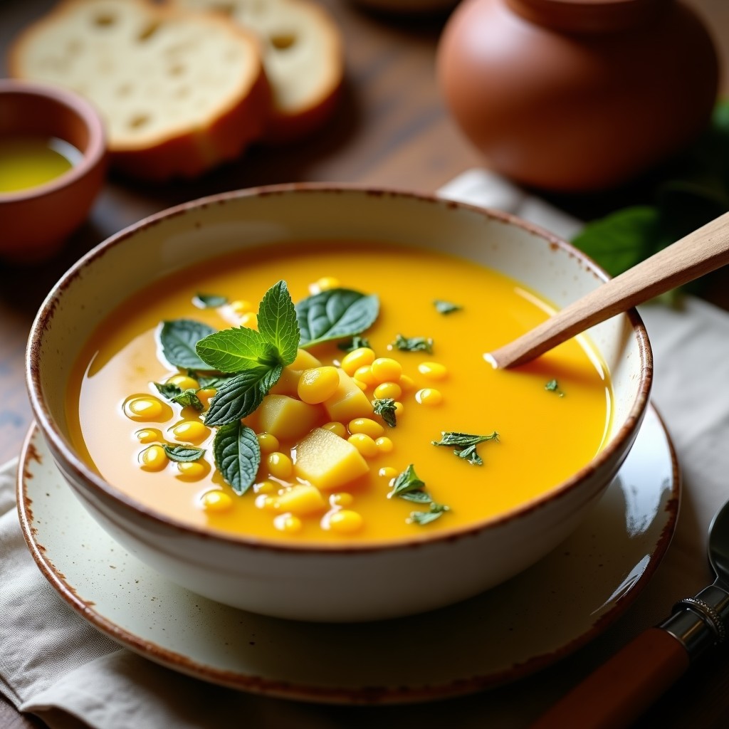 Sopa peruana de tomate amarillo y maíz en un bol de barro, con hierbas andinas frescas como huacatay y menta flotando en la superficie, acompañada de trozos de papa amarilla y granos de maíz dorado.