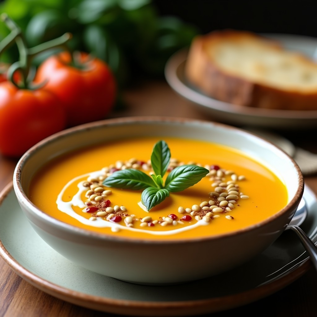 Plato hondo de cerámica blanca con sopa de tomate amarillo y pimentón ahumado, decorada con crujiente de semillas de calabaza y sésamo, hojas de albahaca fresca y un hilo de aceite de oliva. Fondo rústico con pan integral tostado.