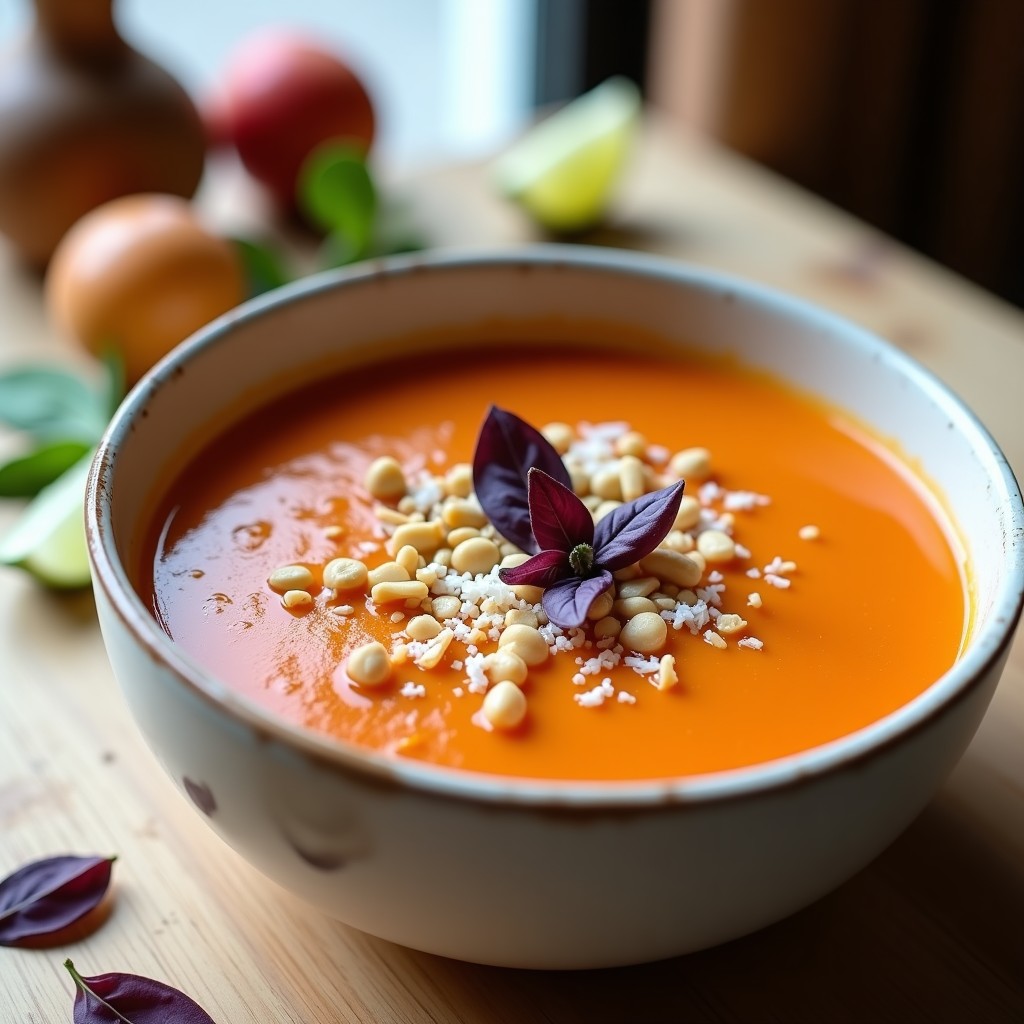 Tazón blanco rústico con sopa de tomate de árbol y albahaca vegana, decorada con coco rallado, cacahuetes y cáscaras de tomate de árbol sobre fondo de madera clara. Receta caribeña fresca y colorida.