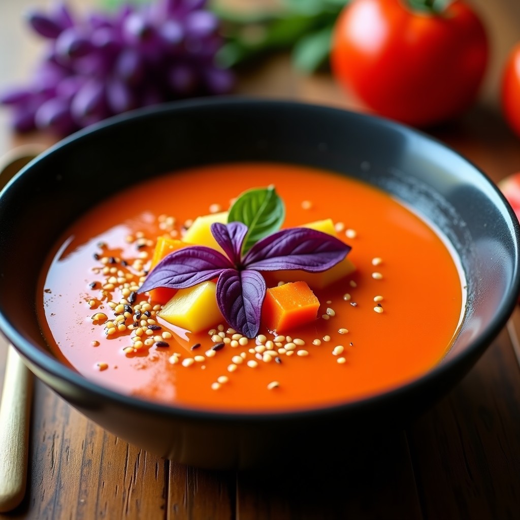 Plato hondo de cerámica blanca con sopa de tomate de árbol de color naranja intenso, decorada con hojas de albahaca morada y cilantro fresco, servida con rodaja de limón criollo al lado.