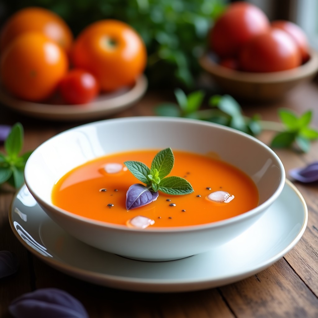 Cuenco de cerámica blanca lleno de sopa fría de tomate de árbol y jengibre con albahaca morada, decorada con rodajas de limón y hojas de menta, sobre una mesa de madera rústica con fondo borroso de hierbas frescas.