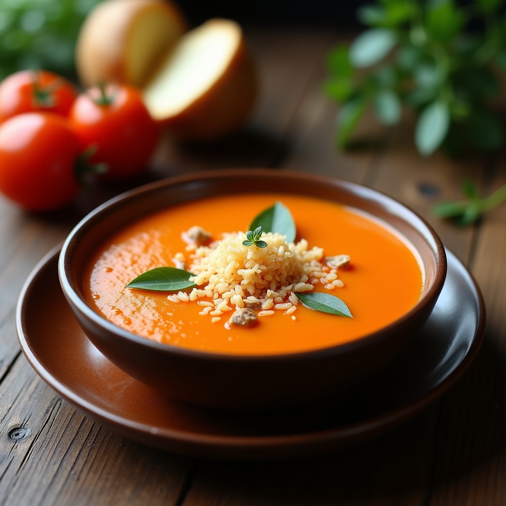 Cuenco blanco de cerámica con sopa tailandesa detox de tomate de árbol y jengibre, cremosa y de color anaranjado intenso, coronada con crujiente de coco dorado y hojas de cilantro fresco. Fondo de mesa de madera rústica con hoja de limoncillo y rodaja de lima.