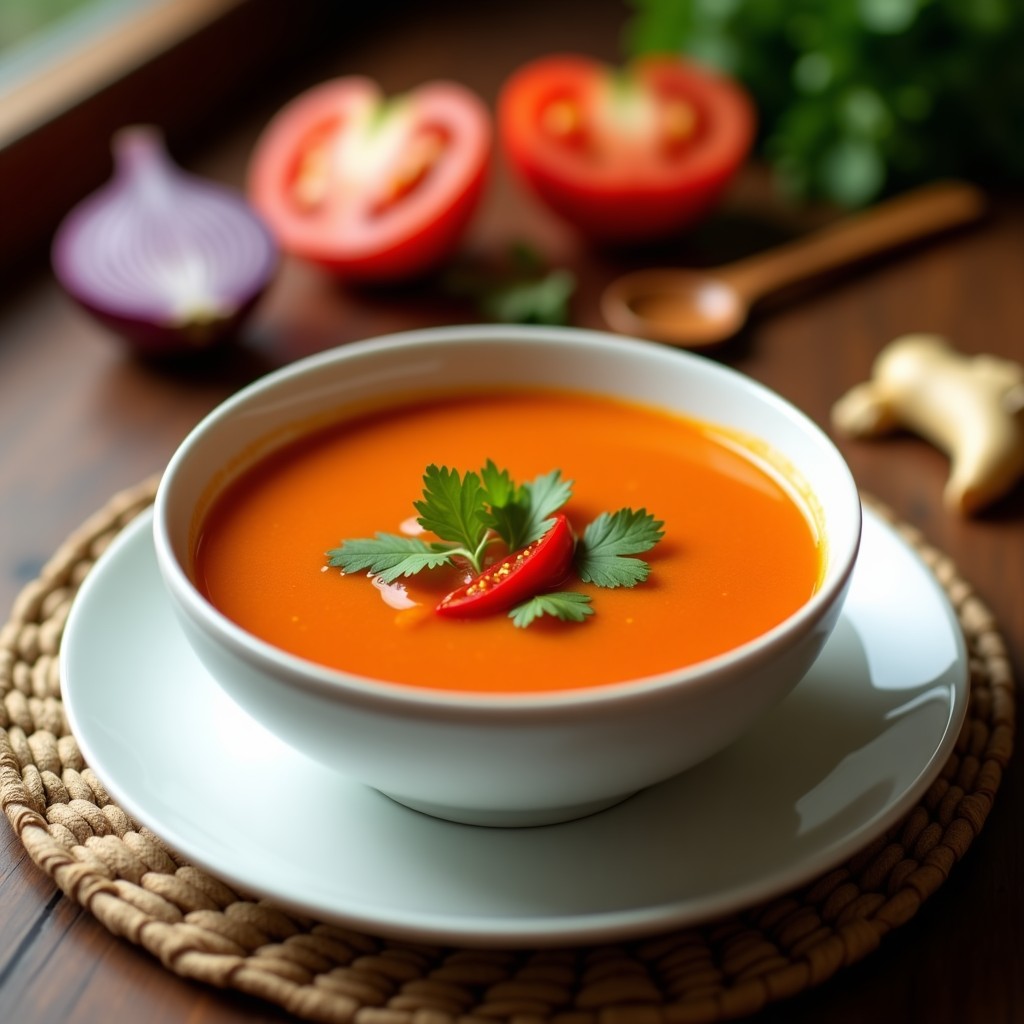 Olla de barro humeante con sopa de tomate de árbol y jengibre vegana colombiana, de color naranja intenso, decorada con cilantro fresco y rodajas de limón. Al fondo, ingredientes como lulos cortados, jengibre y pimienta de cayena.