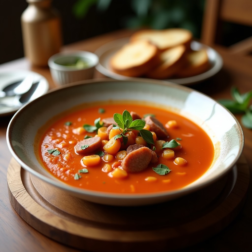 Cuenco de cerámica blanca con sopa de tomate asado y albahaca de color rojo intenso, coronada con croutons dorados de pan integral y hojas de albahaca fresca. Al fondo, una olla lenta y una ramita de romero sobre la mesa de madera.