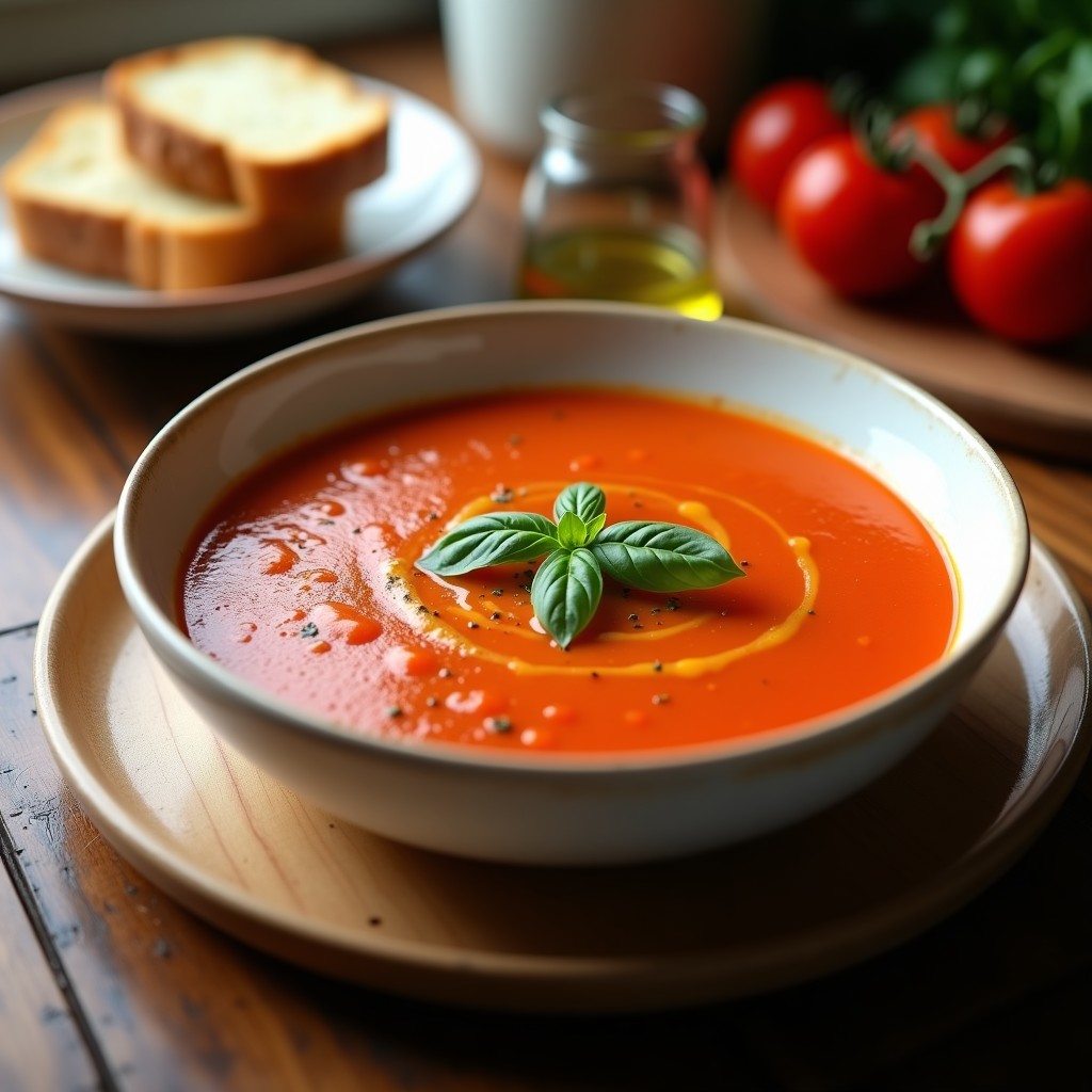 Cuenco hondo de cerámica blanca con sopa de tomate asado y pimiento rojo, de color rojo intenso y textura cremosa, decorada con hojas de albahaca fresca y un hilo de aceite de oliva virgen extra. Fondo con pan tostado y tomates cherry enteros.