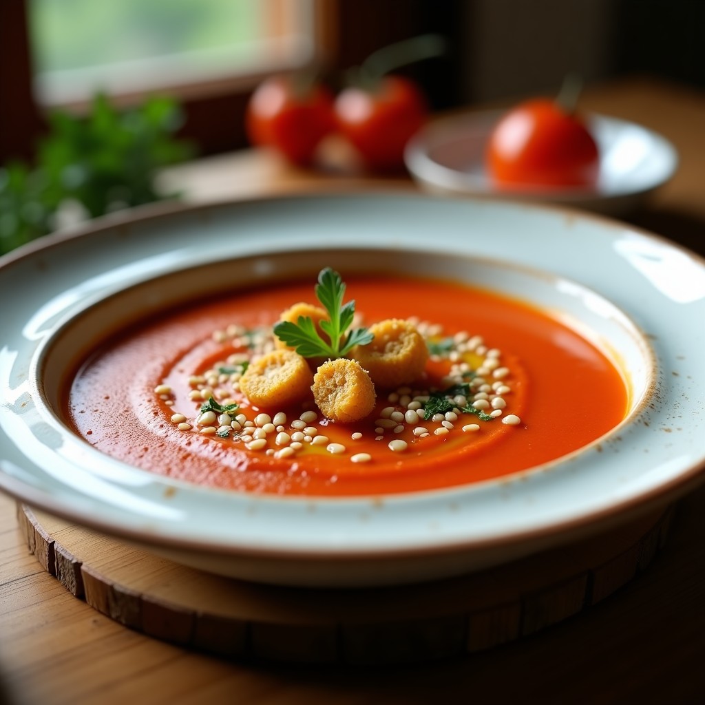 Plato hondo de cerámica blanca con sopa de tomate y jengibre cremosa, decorada con cilantro fresco y acompañada de crutones dorados de garbanzo y pan de trigo sarraceno. Receta vegana en Thermomix.