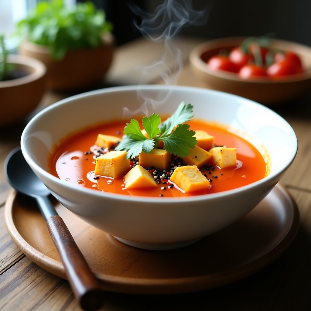 Cuenco hondo de cerámica blanca con sopa de tomate y jengibre, trozos dorados de tofu, cilantro fresco y semillas de sésamo negro, sobre fondo de madera rústica con cucharón de bambú.