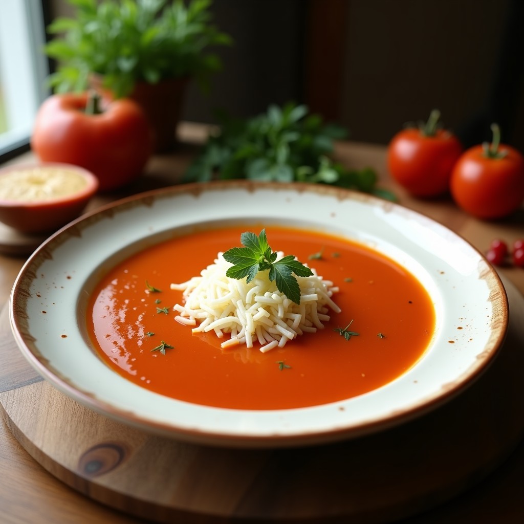 Cuenco de cerámica blanca con gazpacho tailandés frío de tomate kajo, decorado con hojas de albahaca santa fresca y semillas de cilantro tostadas, sobre fondo de madera oscura con rodajas de limón kaffir y pepino al lado.
